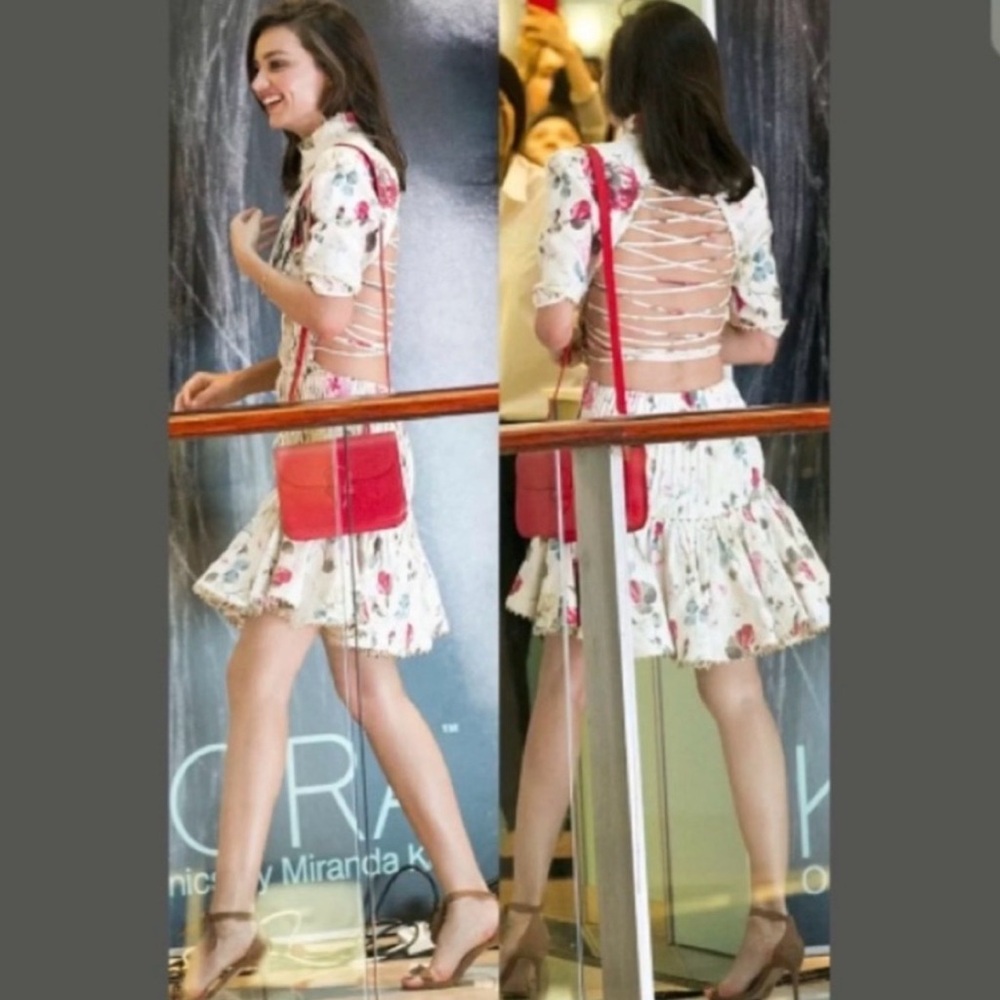 Zimmermann Mischief Cream Floral Pintuck Mini Dress w/Pink Roses Corset Back - Picture 4 of 12